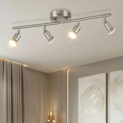 Afbeelding van Dehobo Plafondlamp, draaibaar, nikkel, mat, 4 weg, GU10, led, led bereik, 350 graden, modern, verstelbaar, voor keuken, woonkamer, geen lampen