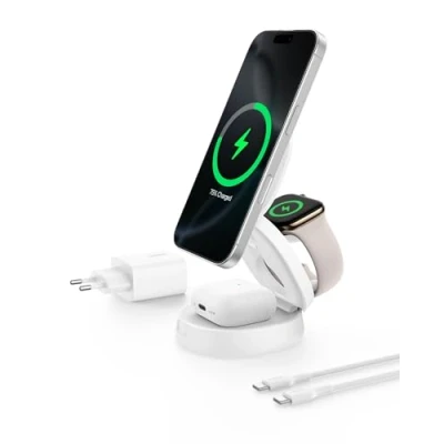 Afbeelding van Belkin MagSafe compatible Lader, 3 in 1 verstelbare magnetische laadstandaard, Qi2 gecertificeerd, 15 W draadloze oplader voor iPhone 16, Apple Watch, AirPods, antislip, 36W lader meegeleverd Wit