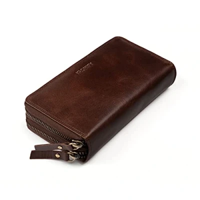 Afbeelding van KRONIFY Leren portemonnee voor dames, echt leer, grote damesportemonnee, dubbele ritssluiting, groot, RFID bescherming, met muntvak, 29 kaartvakken, Vintage cognac,