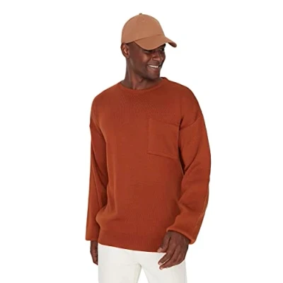 Afbeelding van Trendyol Heren ronde hals effen oversized trui sweatshirt, bruin, S, BRON, S