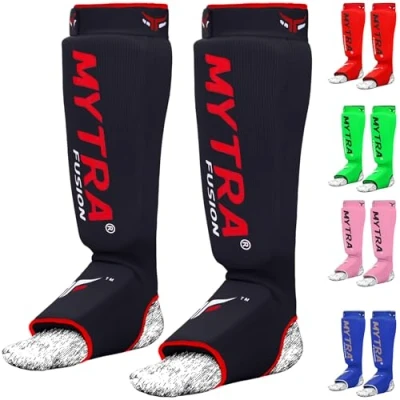 Afbeelding van Mytra Fusion Shin Instep Stretchable Polyester Stof Gewatteerde Jumbo Eva Foam Uitgelicht met Haak &amp; Loop Sluiting Kick Boksen MMA Krav Maga Training Paar (S/M, Black)