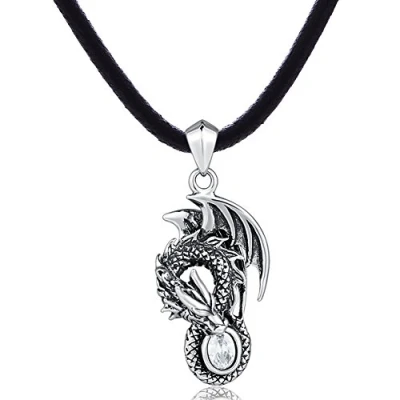 Afbeelding van DonDon heren leren ketting leer halsketting 50 cm met roestvrij stalen hanger draak in 3D look