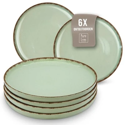 Afbeelding van Ontbijt en Dessertbordenset 6 delig Rustiek Hedendaagse gebaksborden, Vaatwasserbestendig Kleine borden, saladeborden, Puur Living Servies in muntgroen