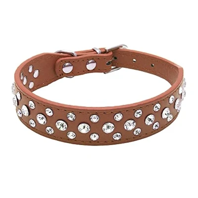 Afbeelding van haoyueer Bling Strass PU Leer Kristal Diamant Hond Kat Puppy Kraag Zwart S M L XL … (L, Bruin)