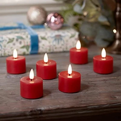 Afbeelding van Lights4fun Set van 6 TruGlow® Votive Theelichtkaarsen Batterij LED Vlamloos met Timer Echte Rode Wax (D) 5,5 cm