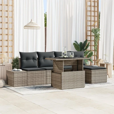Afbeelding van vidaXL 6 delige tuinset met kussens Grijs Poly Rattan