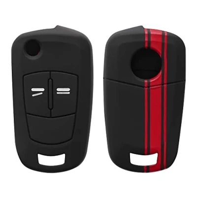 Afbeelding van kwmobile autosleutel behuizing compatibel met Opel Vauxhall 2 knops inklapbare hoesje Sleutelhoesje in rood/zwart Rallystrepen