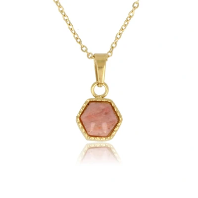 Afbeelding van Ketting goudkleurig Met zeshoek Onyx edelsteen Rhodonite hanger luxe cadeauverpakking