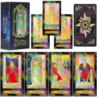 Afbeelding van Smoostart 78 tarotkaarten met gids, holografische dek toekomst vertellend spel kleurrijke doos voor beginners en professionele spelers