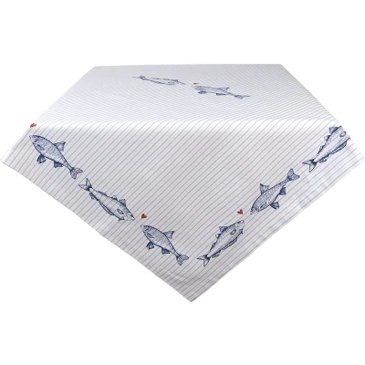Afbeelding van Clayre &amp; Eef Vierkant Tafelkleed 100x100 cm Wit Blauw Katoen Vissen Tafellaken