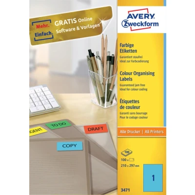 Afbeelding van Etiket Avery Zweckform 3471 210x297mm A4 blauw 100stuks
