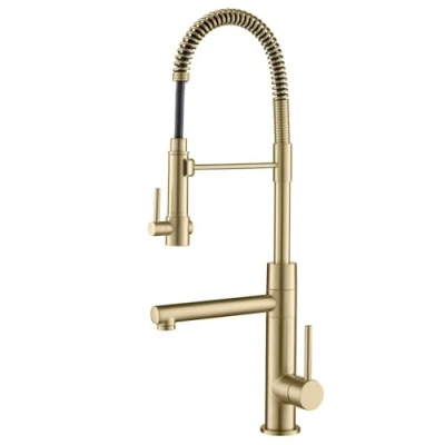 Afbeelding van Kraus KPF 1603BG Artec Pro 2 functie commerciële stijl voorspoeling keukenkraan met neerklapbare veeruitloop en potvulling, geborsteld gouden afwerking, 61,75 cm