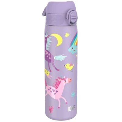 Afbeelding van ION8 Stalen Waterfles, 600 ml/20 oz, Lekvrij, Makkelijk te Openen, Veilige Vergrendeling, Vaatwasserbestendig, Hygiënische Flipcover, Draaggreep, Duurzaam, Reliëfprint, Lichtpaars Eenhoorns Drinkfles