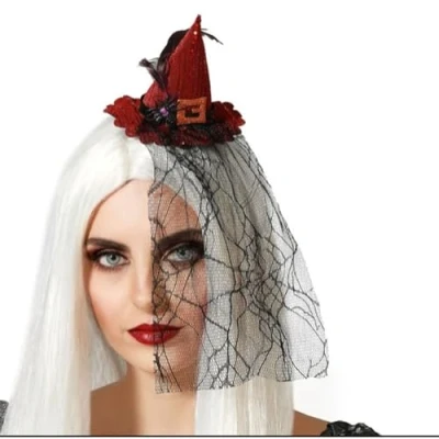 Afbeelding van Halloween heksenhoed mini hoedje op diadeem one size rood met sluier meisjes/dames Verkleedhoofddeksels