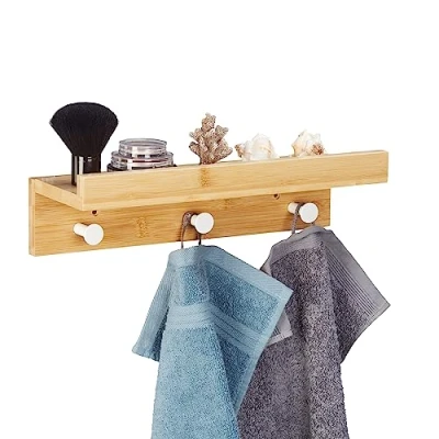 Afbeelding van Relaxdays wandplank met haken wandkapstok plank handdoekhaken bamboe badkamer