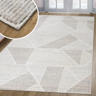 Afbeelding van oKu Tex Harmonia Vloerkleed voor woonkamer, modern patroon, geometrisch, driehoek, hoog diep effect, beige, 160 x 230 cm