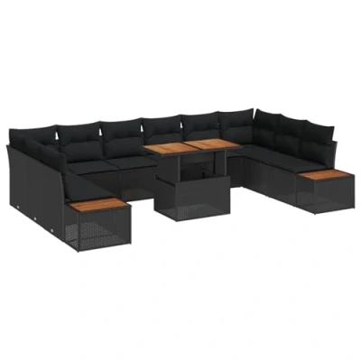 Afbeelding van vidaXL 11 delige Tuinset met Kussens Zwart Poly Rattan Acacia