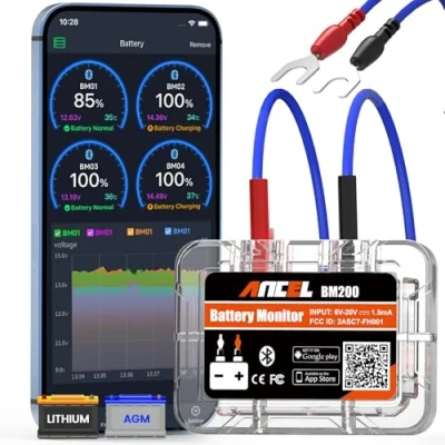 Afbeelding van ANCEL BM200 Auto Batterij Monitor Bluetooth 4.2, 12V Tester, Acculadinganalysator voor lithium en loodzuuraccu&#039;s, Autoaccutester met starten oplaadtest alarmspanningsrecordgeschiedenis