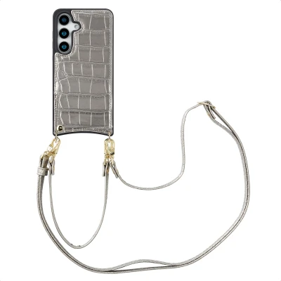 Afbeelding van Selencia Hoesje Geschikt voor Samsung Galaxy S25 met Pasjeshouder Nova Croco Backcover koord en pashouder Zilver