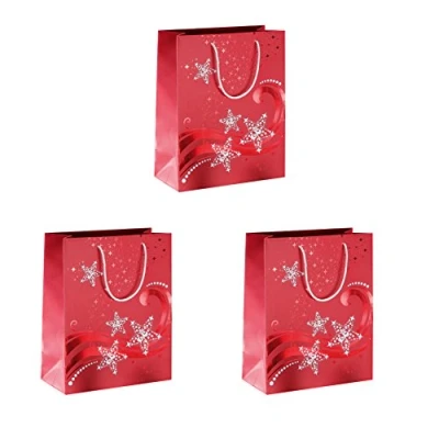 Afbeelding van SIGEL GT108 middelgrote premium papieren geschenkzakjes 23 x 17,5 cm, set van 3, met rood en wit reliëf, voor Kerstmis