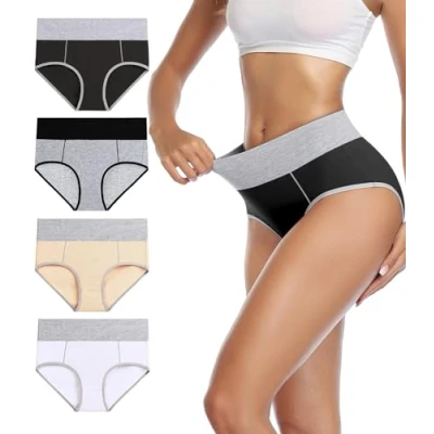 Afbeelding van Wirarpa Ondergoed van katoen voor dames, hoge taille, stretch, slips, zachte onderbroeken, volledige bedekking, 4 stuks, XS