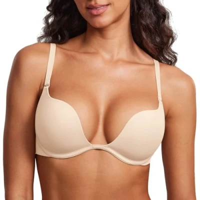 Afbeelding van DOBREVA Dames Beugel Diepe U Push Up Plunge BH Sexy Gewatteerd Tshirt Beige 85C