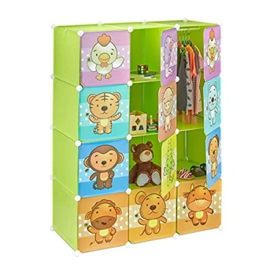 Afbeelding van Relaxdays kinderkast met diermotieven, schattige prints, van kunststof, steeksysteem, deuren, stangen, groen