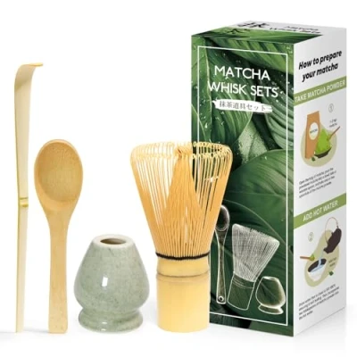 Afbeelding van 4 delige matcha set Japanse ceremonies, natuurlijke bamboe garde, lepel, schep, gardehouder, voor theeceremonie, drank, groen