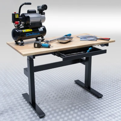 Afbeelding van Datona Verstelbare Werkbank Elektrisch In Hoogte Werktafel Met Eiken Werkblad &amp; Lade (120x60x75 cm) Zwart