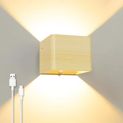 Afbeelding van ACMHNC Houtkleur wandlamp voor binnen met bewegingsmelder, USB oplaadbare LED werkt op batterijen, schakelaar, 2000 mAh, 5 W, warmwit, traplamp, magnetische draadloze hallamp