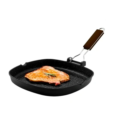 Afbeelding van Zanetti, Grillpan 28 x cm, grillplaat van gegoten aluminium met hoge dikte, voor inductiekookplaten, inklapbare handgreep