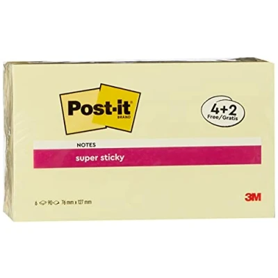 Afbeelding van Post it Super Sticky Notes Promotion, kanariegeel, verpakking met 6 blokken, 90 vellen per blok, 76 mm x 127 mm, kleur: geel zelfklevende notitieblaadjes voor notities, to do lijsten en