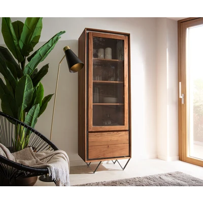 Afbeelding van Boekenkast Stonegrace acacia bruin steenfineer 60x180 cm 1 deur 2 laden V poot zwart