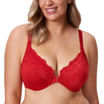 Afbeelding van DELIMIRA Beha met beugel voor dames, volledige afdekking, grote maten, Lippenstift rood, 100B
