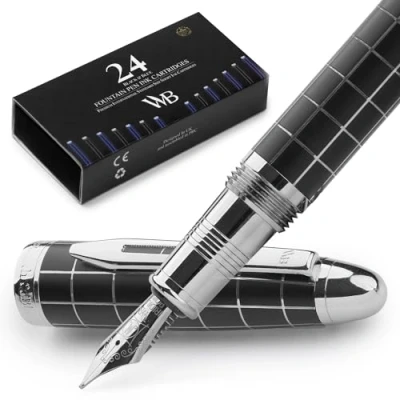 Afbeelding van Wordsworth &amp; Black Majesti Vulpen set, Medium penpunt, Inclusief 6 inktpatronen en inktnavulconverter, Geschenkdoos, Journaling, kalligrafie, vlot schrijven [Chrome gecontroleerd]