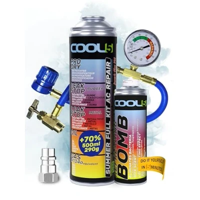 Afbeelding van COOL5 5in1 Reparatieset airconditioning, R134a koudemiddel vervanging voor het vullen van aircosystemen voertuigen 1995 2016 + drukslang met manometer opfrisbom R12 adapter APC 500ml