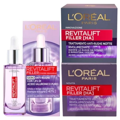Afbeelding van L&#039;Oréal Paris Kit Revitalift Filler Antirimpelserum, vochtinbrengend, 30 ml + anti aging behandeling 50 revitaliserende nachtverzorging voor het gezicht met hyaluronzuur