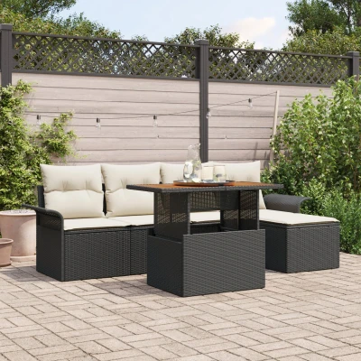 Afbeelding van vidaXL 6 delige Tuin Eettafel Set met Kussens Zwart Poly Rattan Acacia