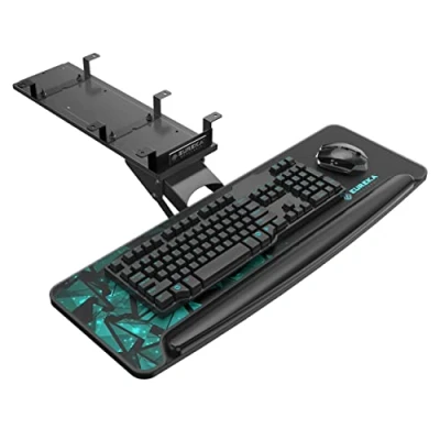 Afbeelding van EUREKA ERGONOMIC Computertoetsenbordlade, in hoogte verstelbaar, grote zwarte uitschuifbare draaibare kanteling onder bureau, toetsenbordlade, ergonomische toetsenbordlade en muisplatform met muismat,