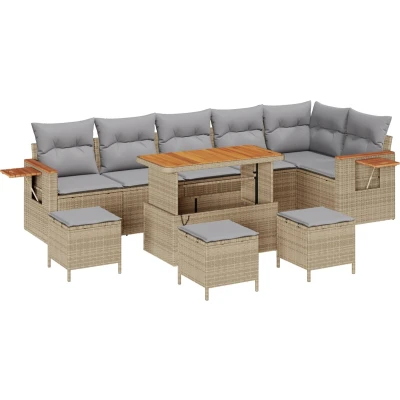 Afbeelding van vidaXL 10 delige Tuin Sofa Set met Kussens Beige Poly Riet Acacia, 4 Eettafel Acacia
