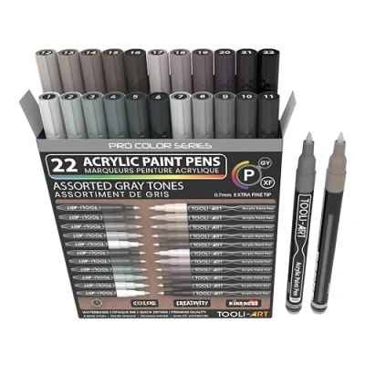 Afbeelding van Acrylverfpennen 22 Pro Color Series Markers Set 0,7 mm Extra fijne punt voor rotskunst, glas, mokken, hout, metaal, canvas, schetsen, detaillering. Niet giftig, sneldrogend. (GRIJS)