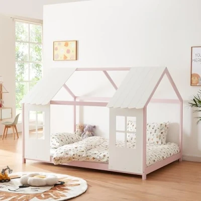 Afbeelding van Kinderbed Tostedt huisbed grenen roze en wit 140x200 cm [en.casa]