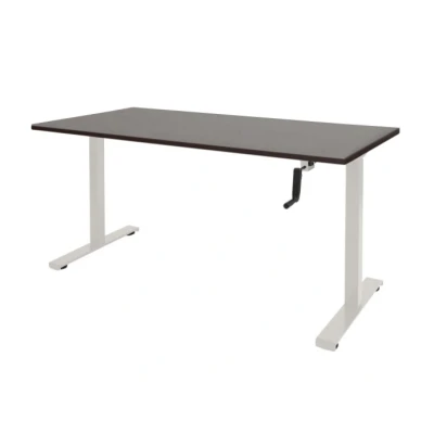 Afbeelding van Dextro slinger zit/sta 180x80cm, hoogte verstelbare werkplek dmv slinger, T poot frame. Frame kleur wit (RAL9010) en blad Logan eiken.