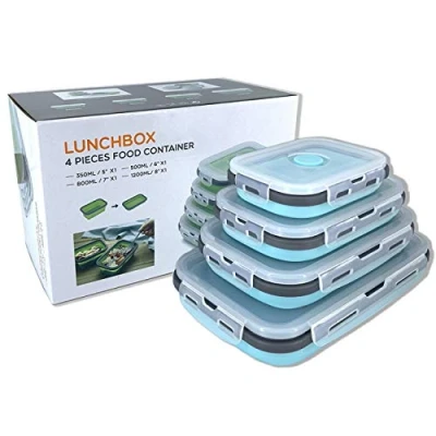 Afbeelding van Beeptrum Opvouwbare siliconen voedselopslagcontainer met deksel, draagbare lunchbento box, picknickbox voor buiten, ruimtebesparend, magnetron vaatwasser en vriezerbestendig, set van 4 (blauw grijs)