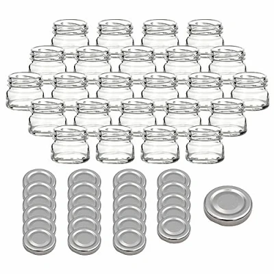 Afbeelding van gouveo Set van 24 inmaakpotten, 30 ml, mini met schroefdeksel, zilverkleurig, voorraadpotten draaisluiting TO43, jampotten, kruidenpotten, inmaakpotten