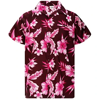 Afbeelding van King Kameha Funky Hawaïhemd voor heren, korte mouwen, voorzak, stijlvol, tropisch, mono, wilde bloemen, uniseks, mono flowers design paars roze, L