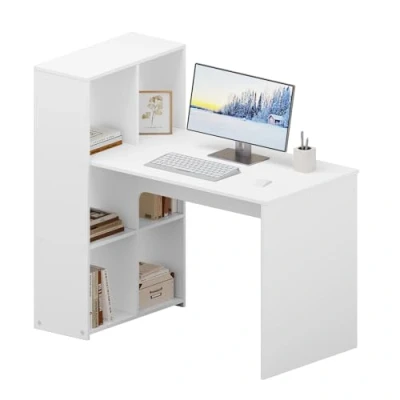 Afbeelding van eSituro Bureau, computertafel met plank, links of rechts monteerbaar, hoekbureau opbergruimte, bureautafel, pc tafel, wit, voor werkkamer, woonkamer, slaapkamer, kantoor, 120 x 111 63 cm
