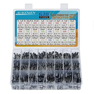 Afbeelding van AUKENIEN Elkos Condensator, 24 waarde, 670 stuks, assortiment elektrolytische condensatorset van 0,1 uF tot 1000 uF, 10 V, 16 25 50 Elko condensatoren, aluminium capacitor kit