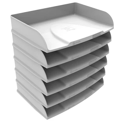 Afbeelding van Exacompta Ref. 10513D Set van 6 horizontale brievenbakken Combo Styli Autentik voor liggend formaat documenten incl. etikethouder stapelbaar afmetingen 25,5x36,5x6,5 cm wit