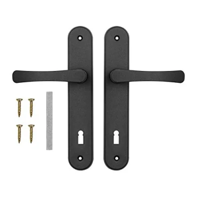 Afbeelding van ADGO Deurgreep Set Handgrepen voor de Deur met Sleutel 90 mm Biscuitgebak, Aluminium Handgreep, Stalen Rozet Gepoedercoat Verzinkt, Links en Rechts + Spindel 8 x Montageschroeven, Zwart